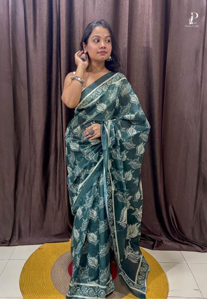 Bottle Green Printed Silk Saree