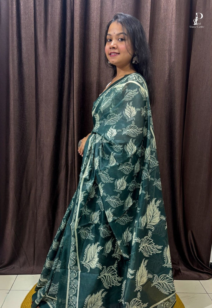 Bottle Green Printed Silk Saree