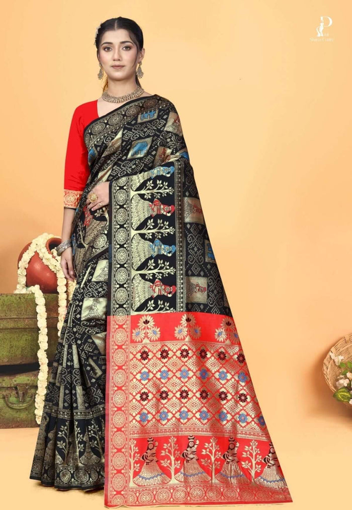 Black Gharchola Silk Saree with Red Border