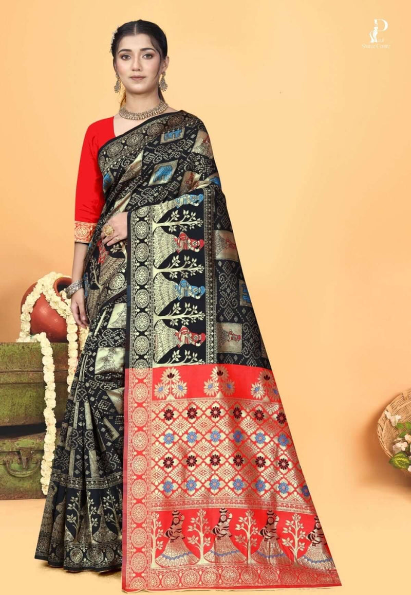 Black Gharchola Silk Saree with Red Border