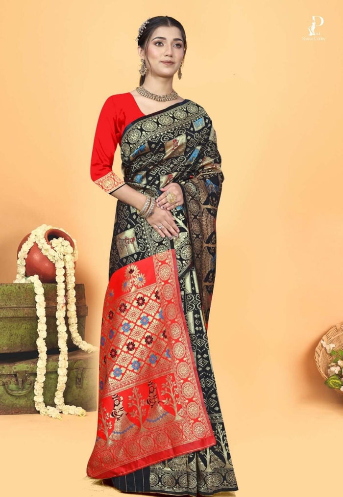Black Gharchola Silk Saree with Red Border