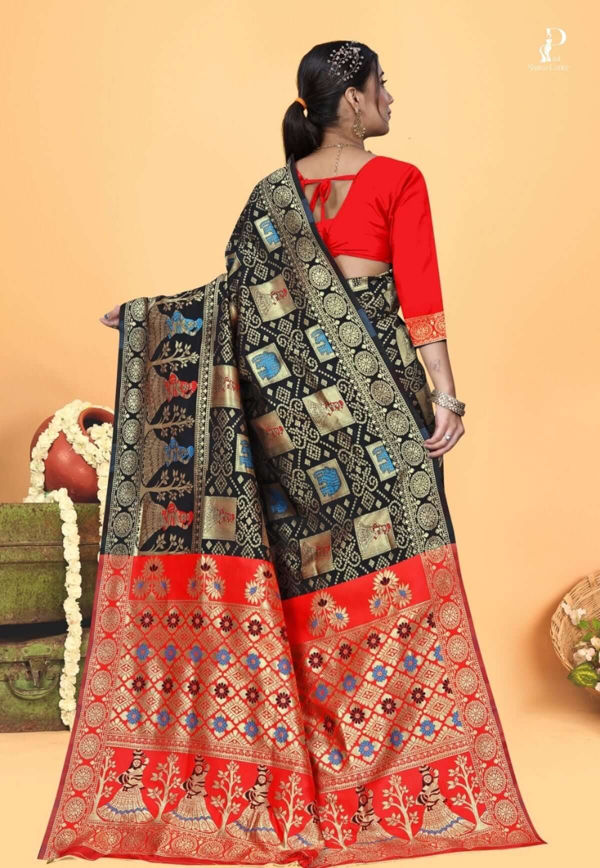 Black Gharchola Silk Saree with Red Border