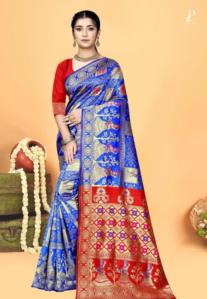 Blue Gharchola Silk Saree with Red Border