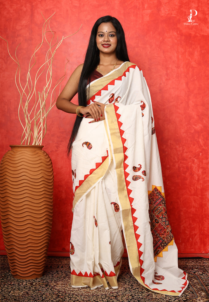 White & Red Applique Work Saree with Golden Zari Border