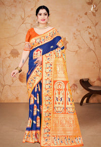Navy Blue Baluchari Silk Saree with Orange Border