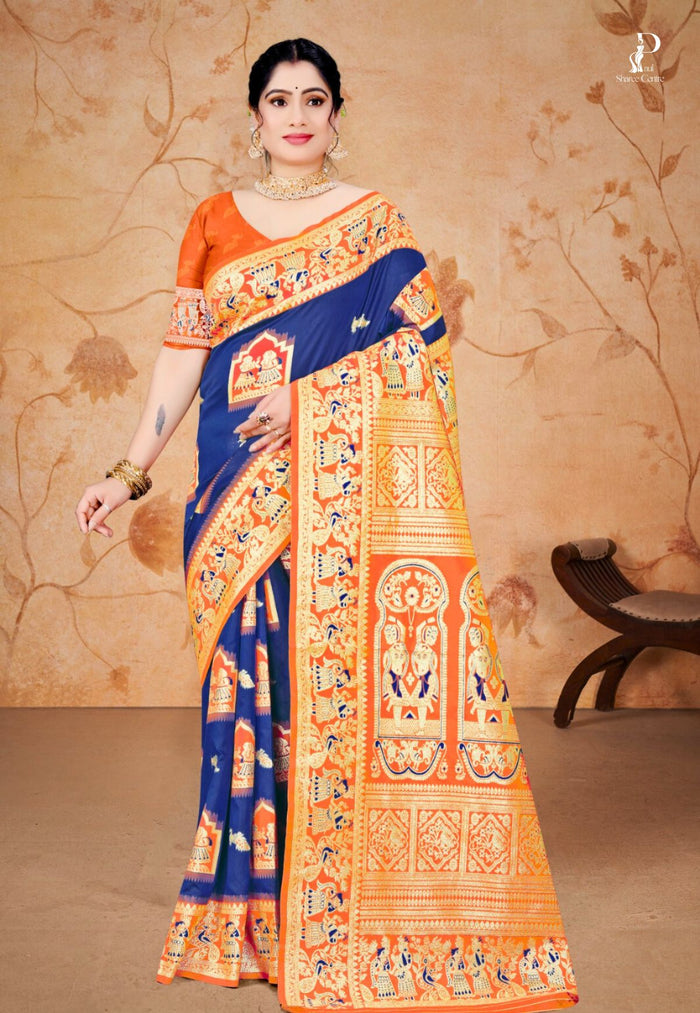 Navy Blue Baluchari Silk Saree with Orange Border