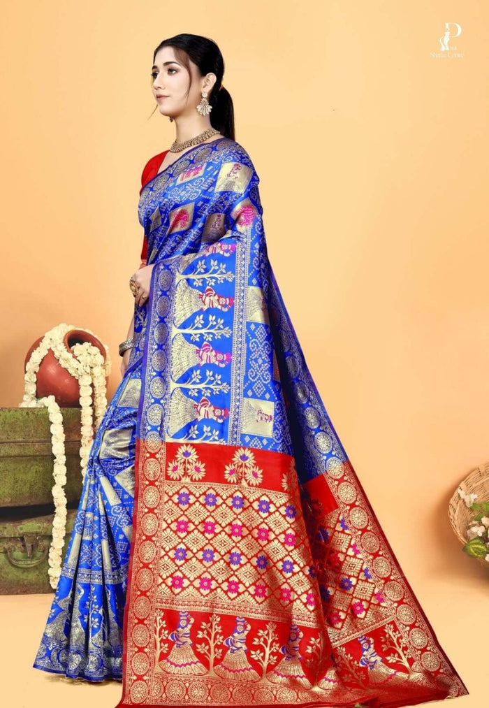 Blue Gharchola Silk Saree with Red Border