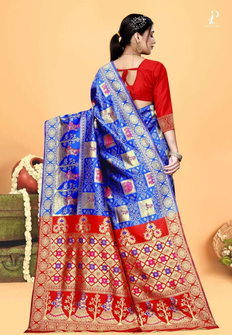 Blue Gharchola Silk Saree with Red Border