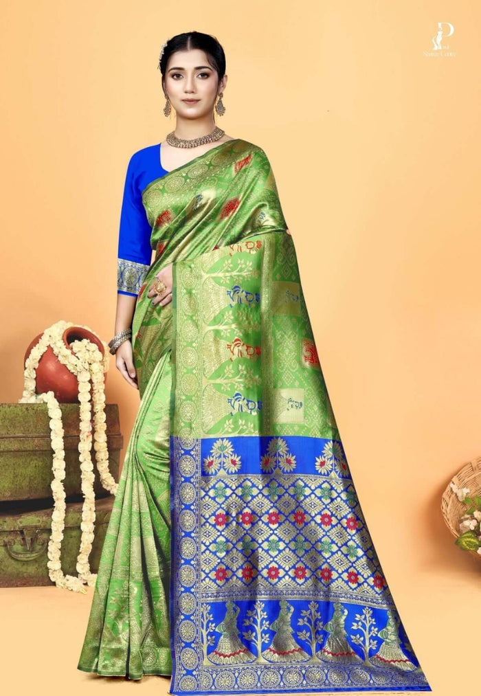 Green Gharchola Silk Saree with Blue Border