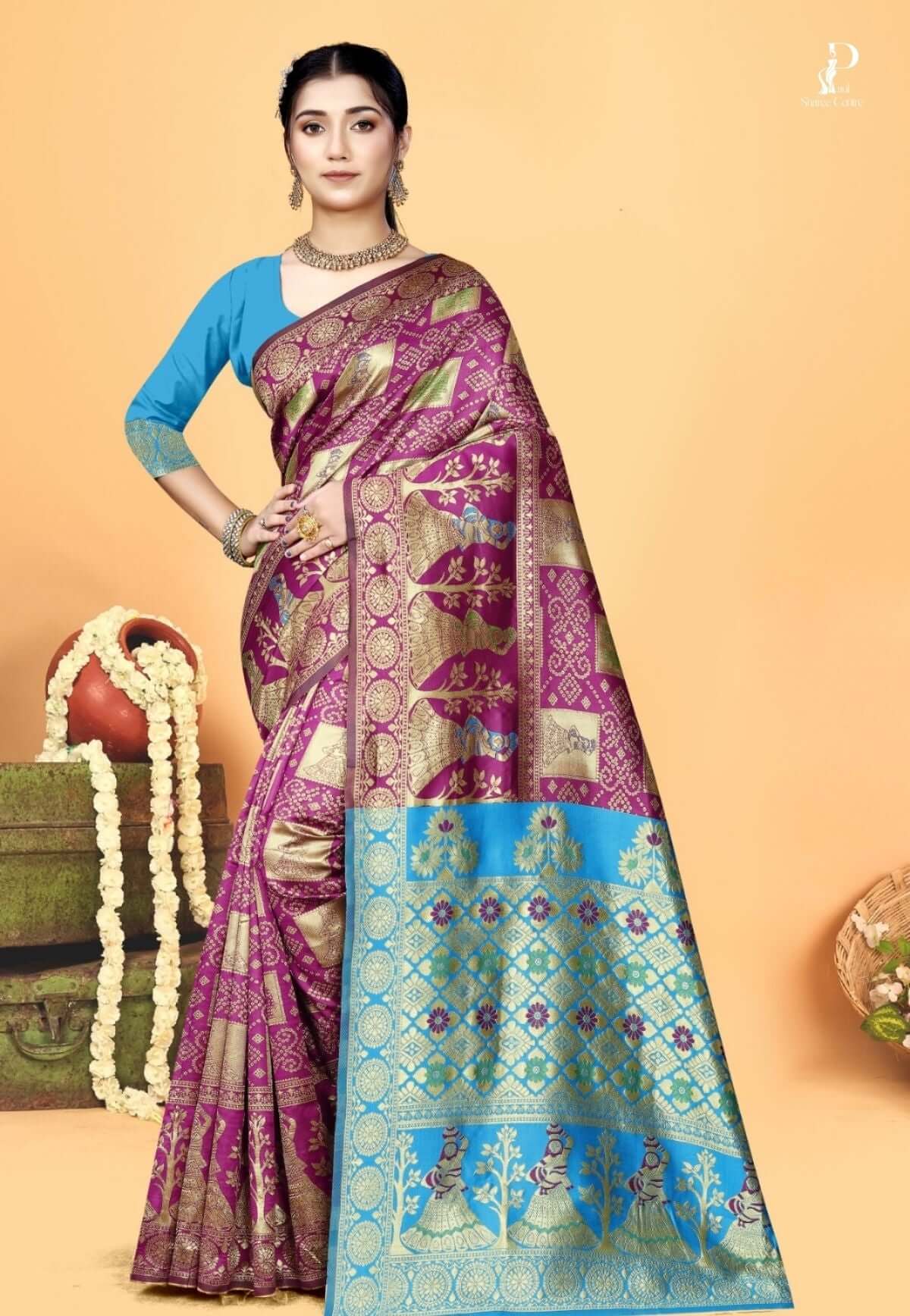 Magenta Gharchola Silk Saree with Firoza Border