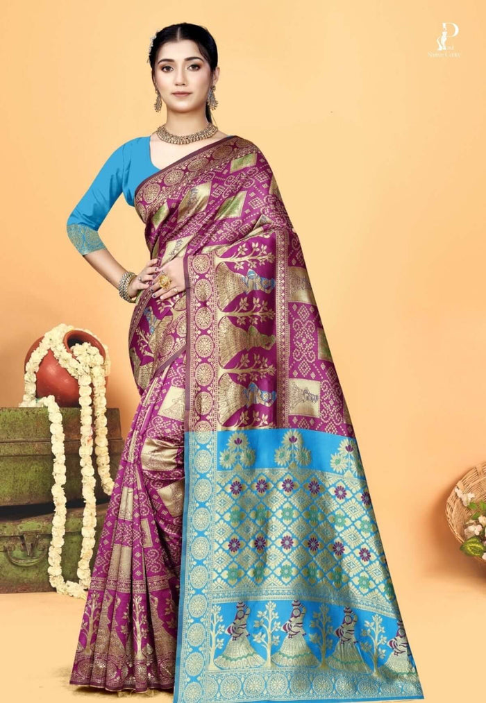 Magenta Gharchola Silk Saree with Firoza Border