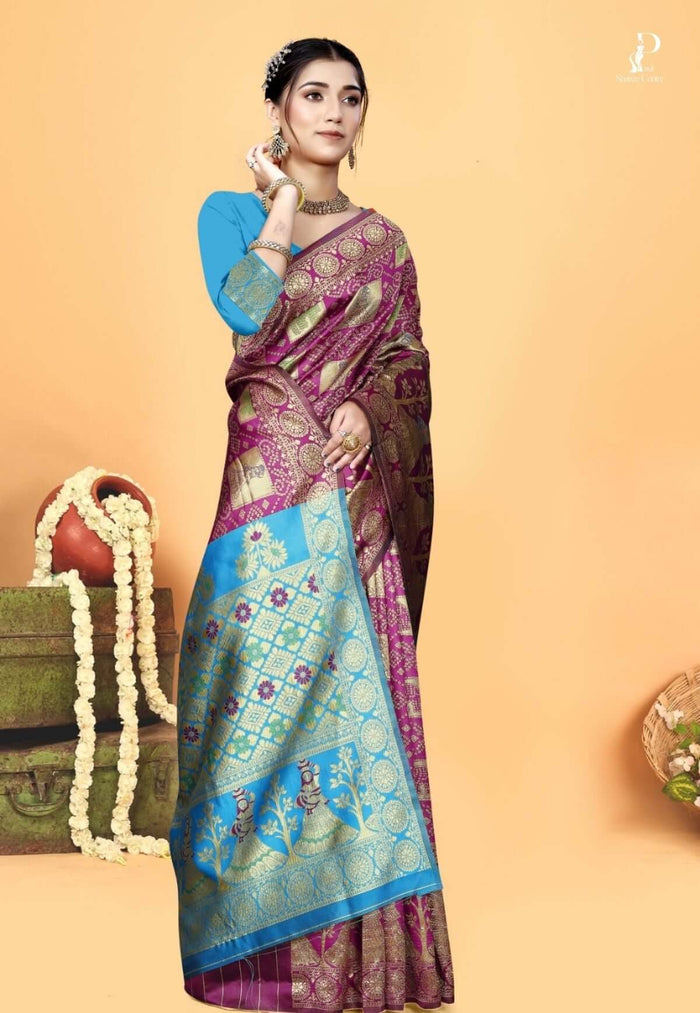 Magenta Gharchola Silk Saree with Firoza Border