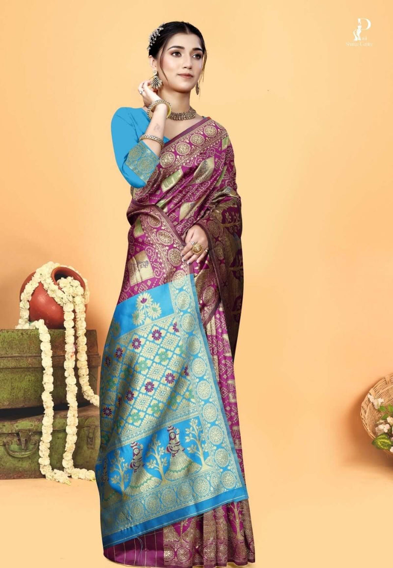 Magenta Gharchola Silk Saree with Firoza Border