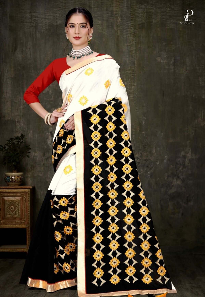 Off White Tussar Embroidery Saree with Black Border