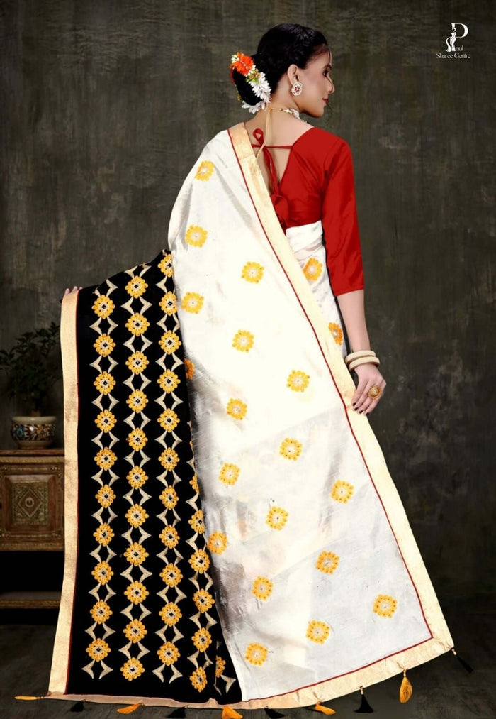 Off White Tussar Embroidery Saree with Black Border
