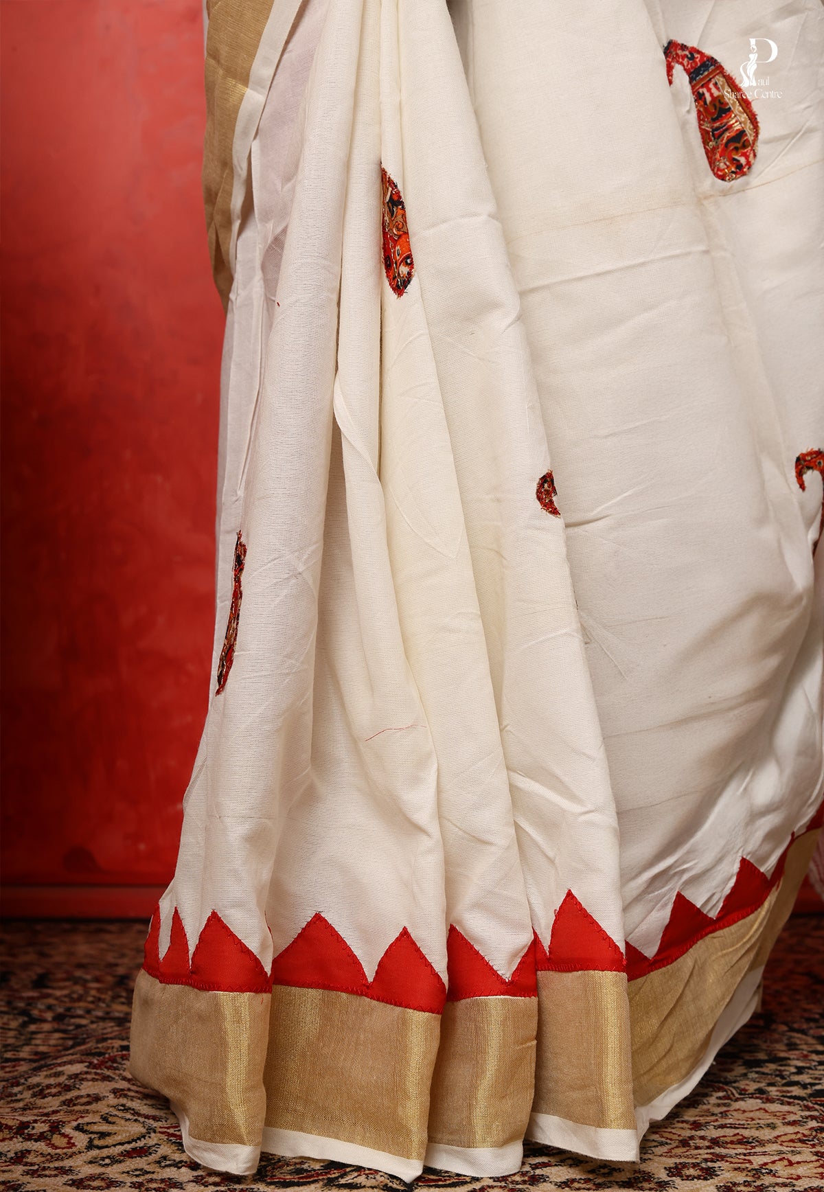 White & Red Applique Work Saree with Golden Zari Border
