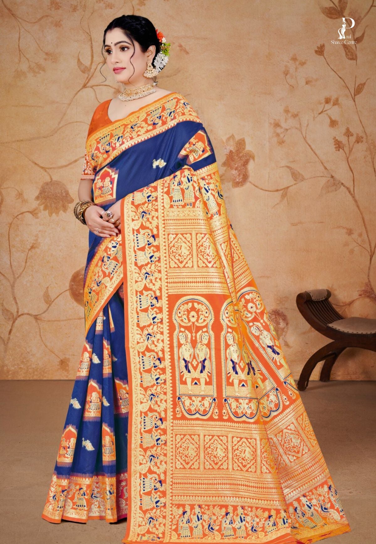 Navy Blue Baluchari Silk Saree with Orange Border