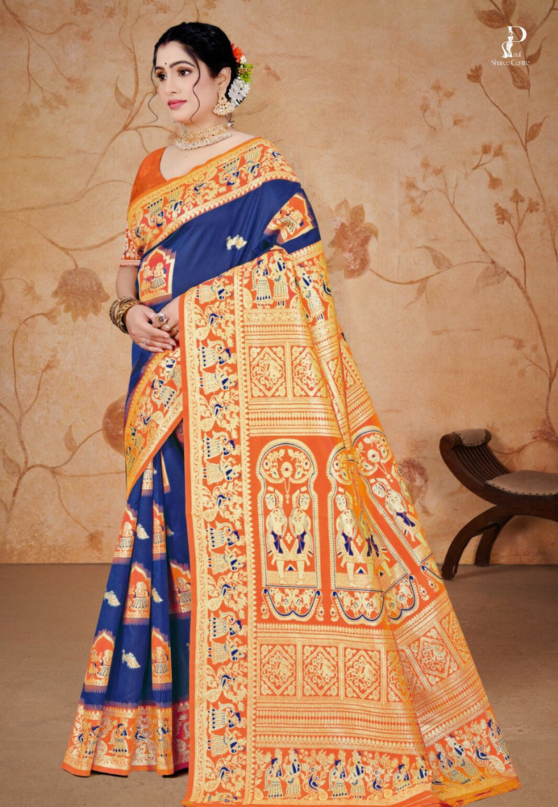 Navy Blue Baluchari Silk Saree with Orange Border