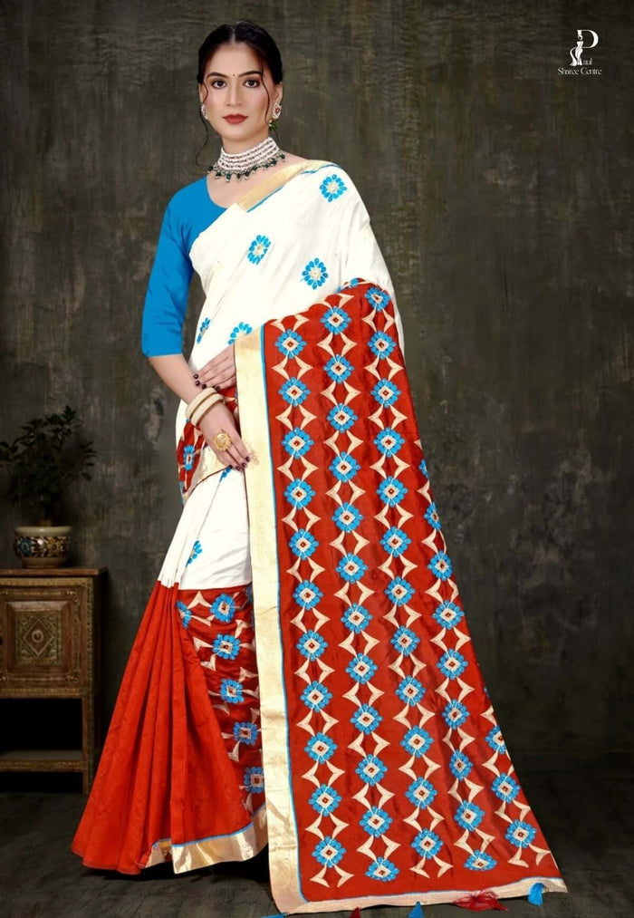 Off White Tussar Embroidery Saree with Red Border