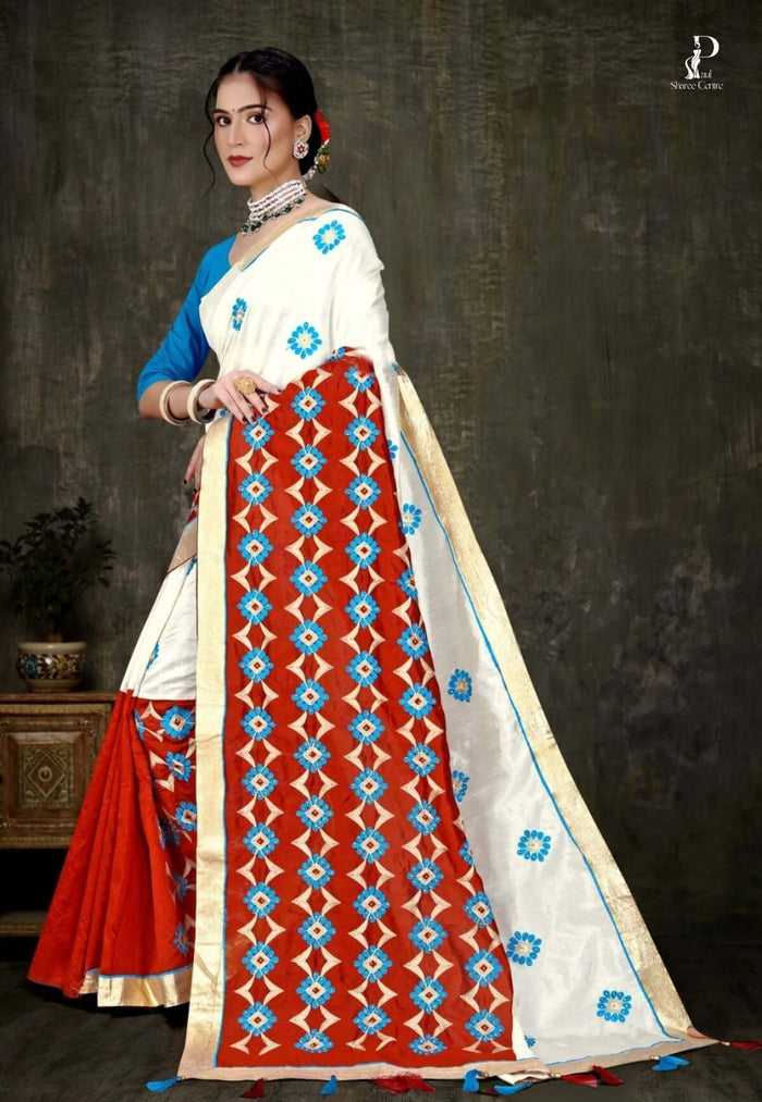 Off White Tussar Embroidery Saree with Red Border
