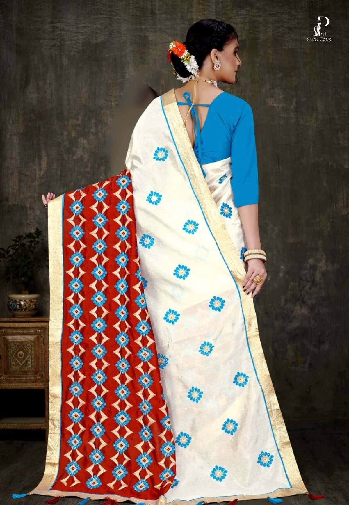 Off White Tussar Embroidery Saree with Red Border