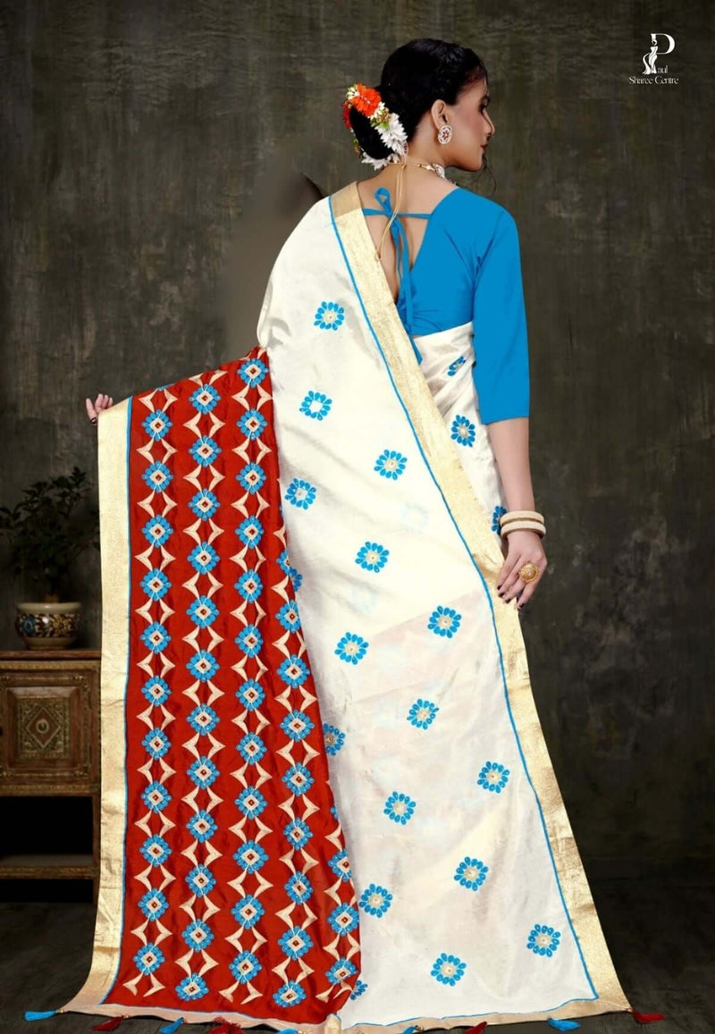 Off White Tussar Embroidery Saree with Red Border