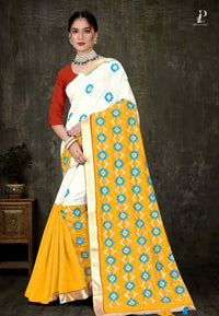Off White Tussar Embroidery Saree with Yellow Border