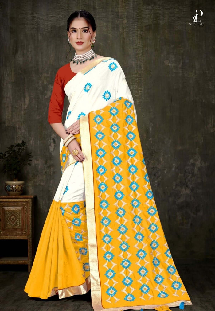 Off White Tussar Embroidery Saree with Yellow Border