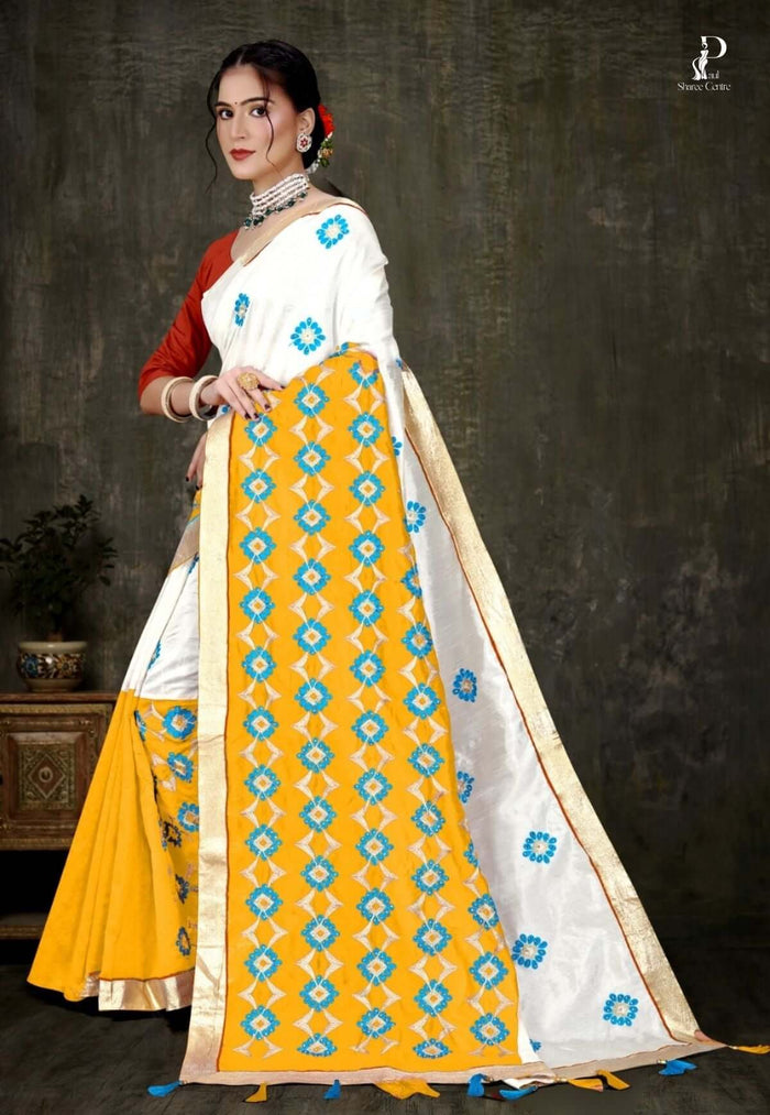Off White Tussar Embroidery Saree with Yellow Border