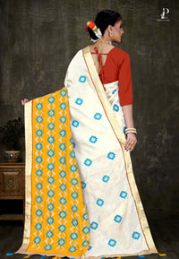 Off White Tussar Embroidery Saree with Yellow Border