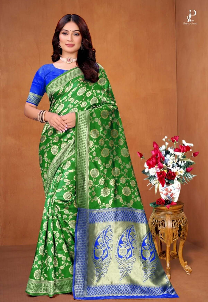 Green Zaal Katan Saree with Blue Border