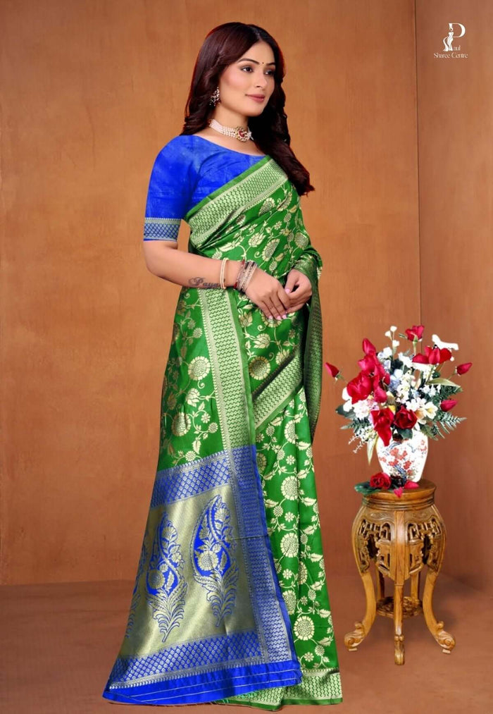 Green Zaal Katan Saree with Blue Border