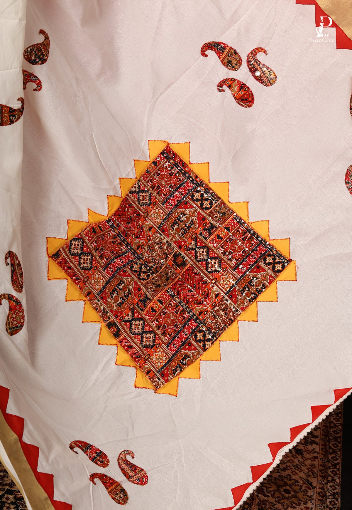 White & Red Applique Work Saree with Golden Zari Border