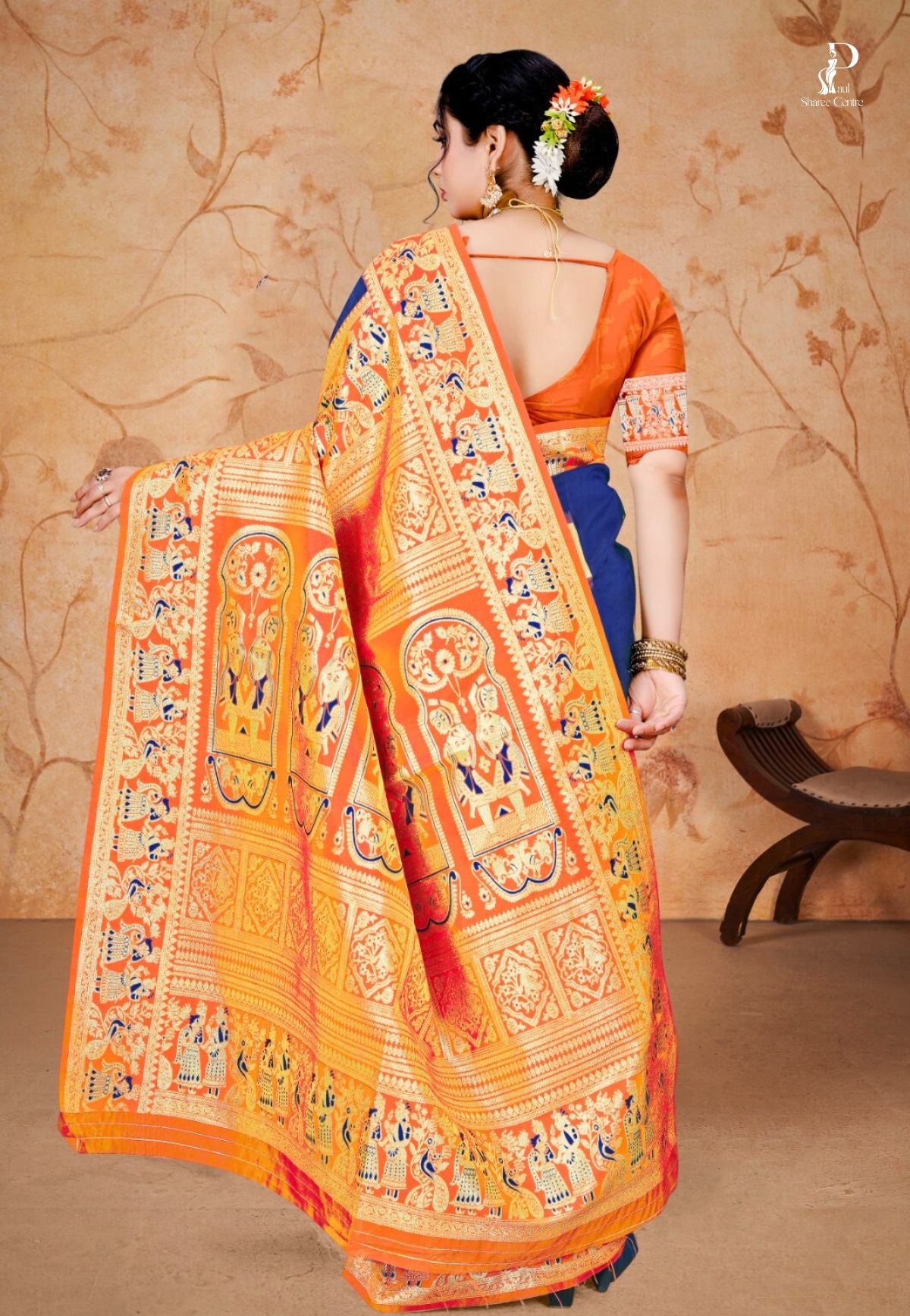 Navy Blue Baluchari Silk Saree with Orange Border