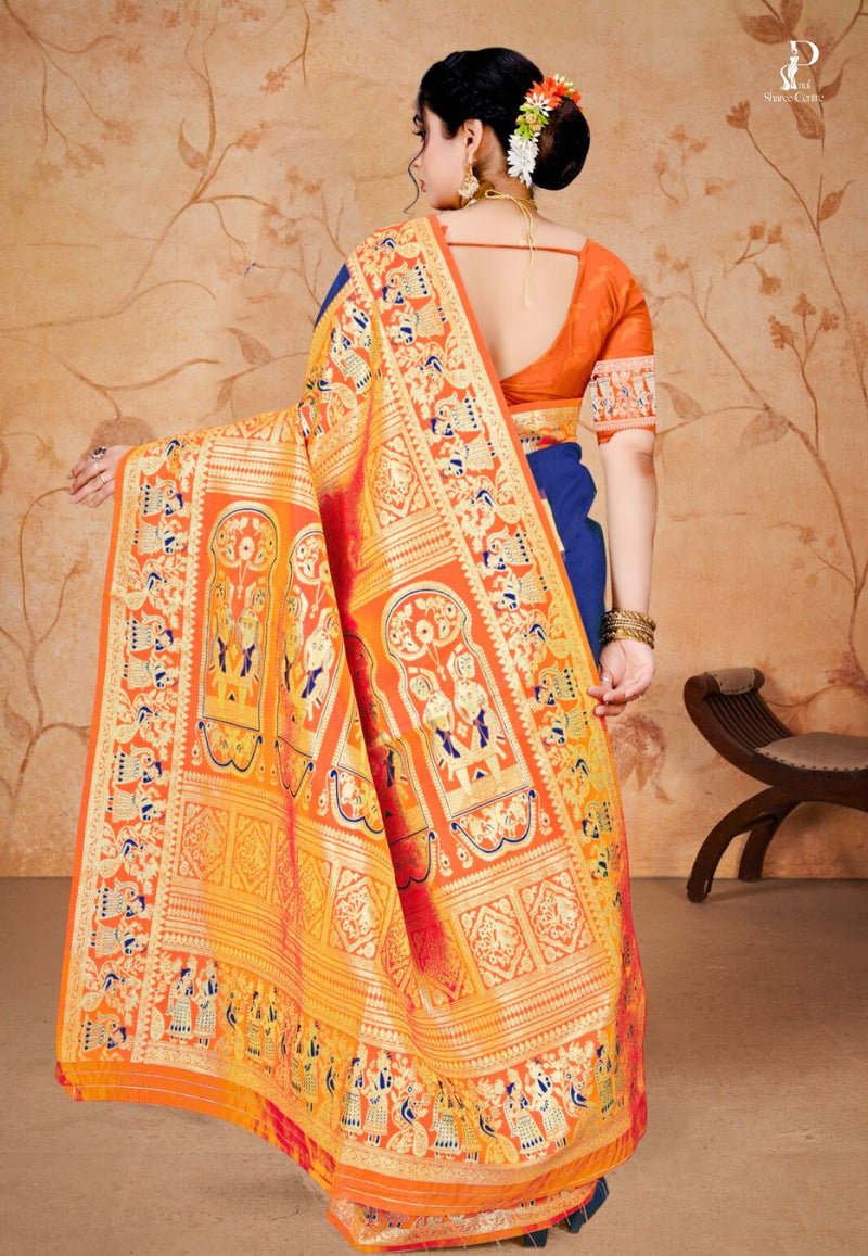 Navy Blue Baluchari Silk Saree with Orange Border