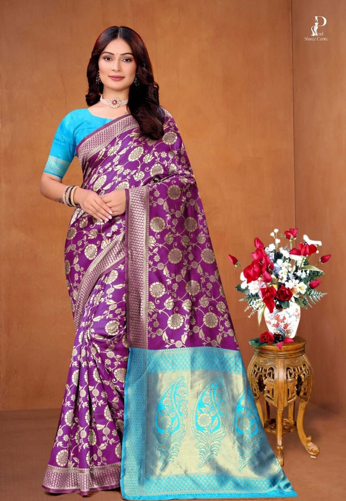 Purple Zaal Katan Saree with Firoza Border