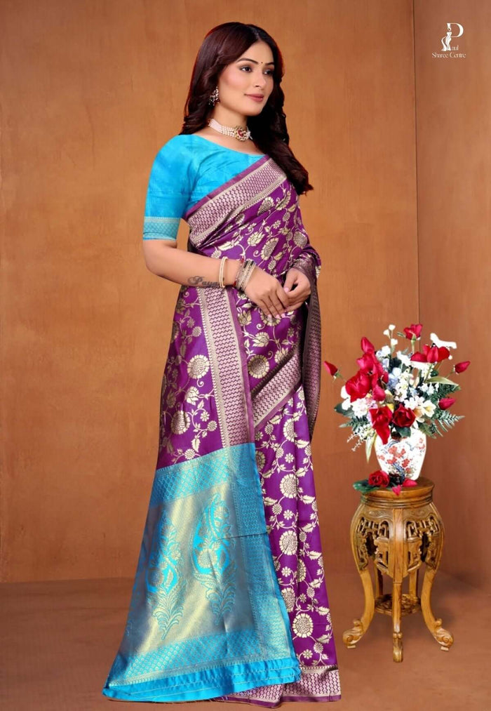 Purple Zaal Katan Saree with Firoza Border