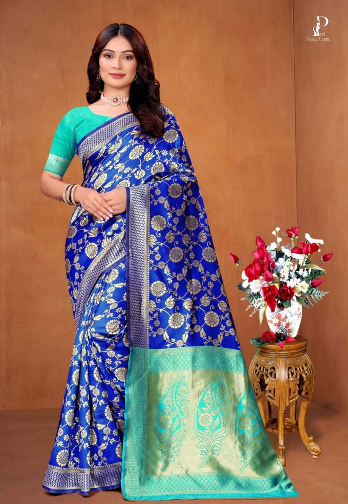 Royal Blue Zaal Katan Saree with Sky Blue Border