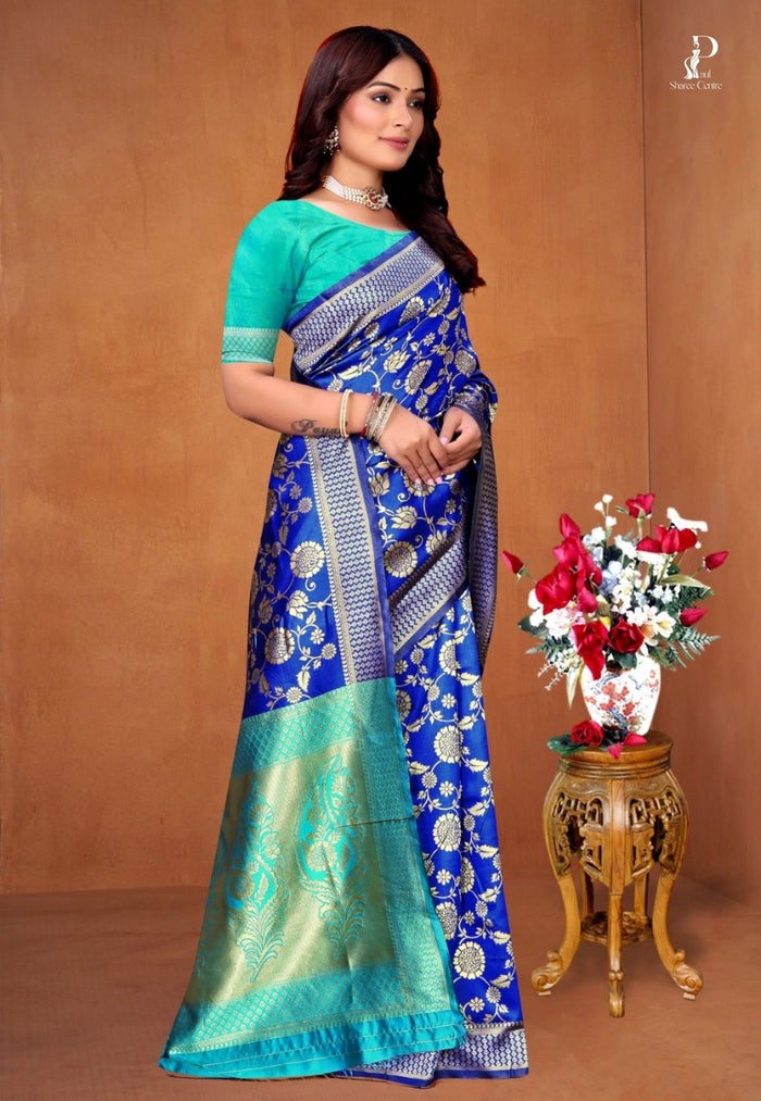 Royal Blue Zaal Katan Saree with Sky Blue Border