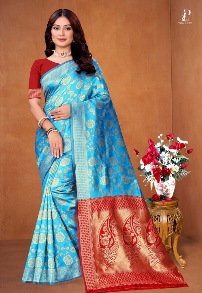 Sky Blue Zaal Katan Saree with Red Border