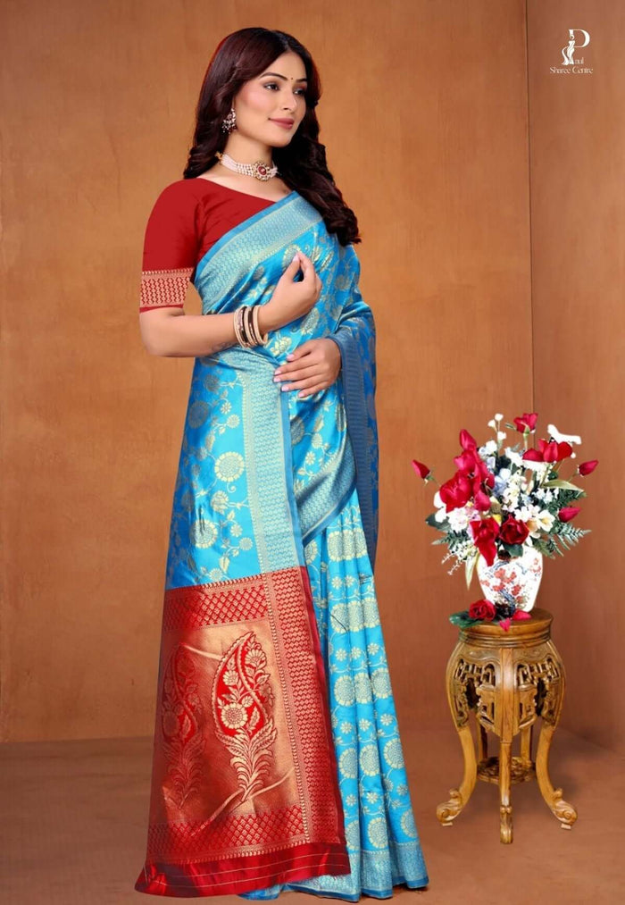 Sky Blue Zaal Katan Saree with Red Border