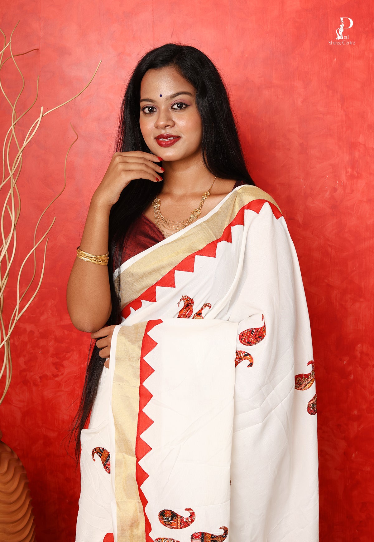 White & Red Applique Work Saree with Golden Zari Border