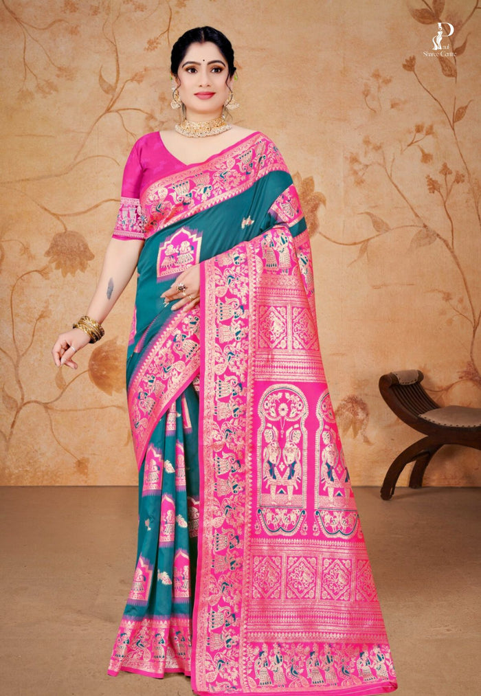 Peacock Blue Baluchari Silk Saree with Hot Pink Border