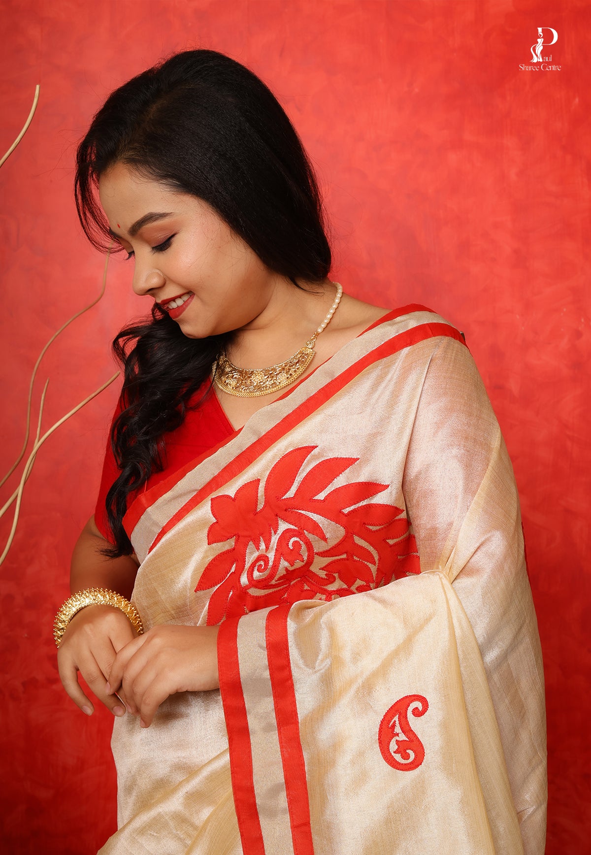 Off White Applique Work Saree with Red Border