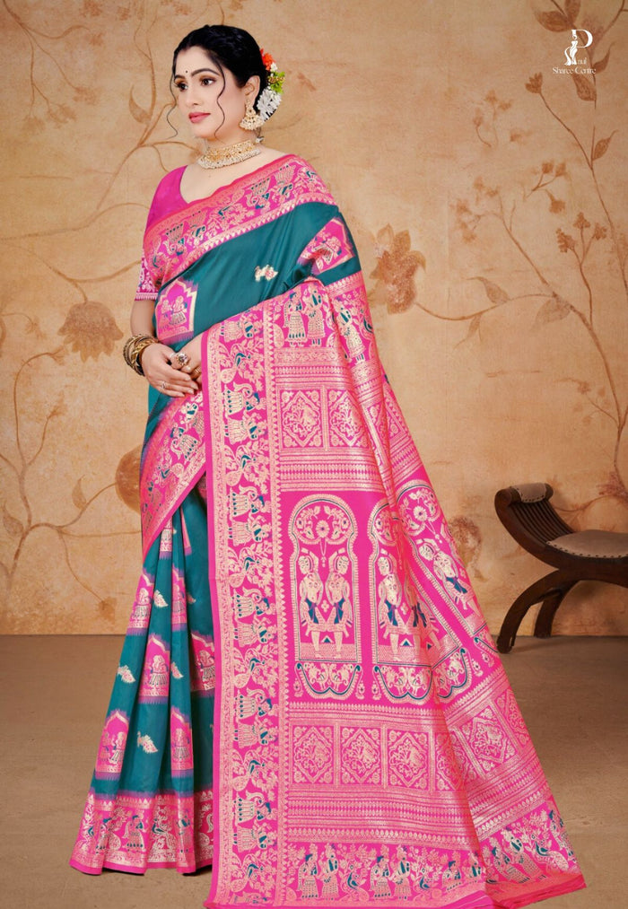 Peacock Blue Baluchari Silk Saree with Hot Pink Border