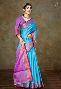 Blue Bangalore Silk Saree with Lavender Border