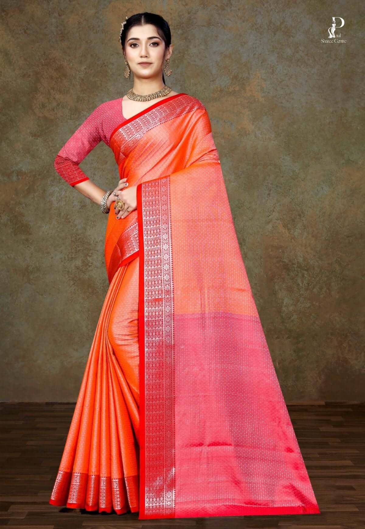 Orange Bangalore Silk Saree with Rust Pink Border