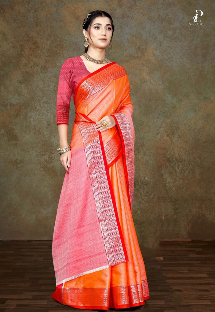 Orange Bangalore Silk Saree with Rust Pink Border