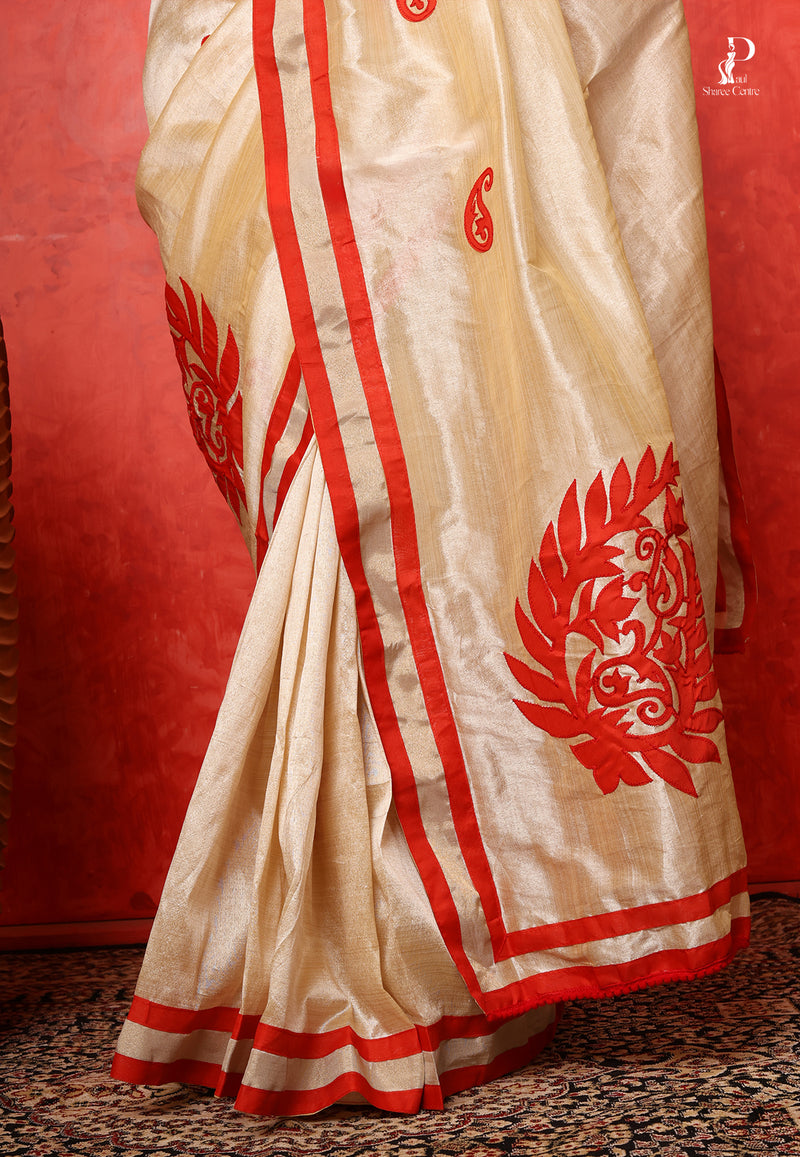 Off White Applique Work Saree with Red Border