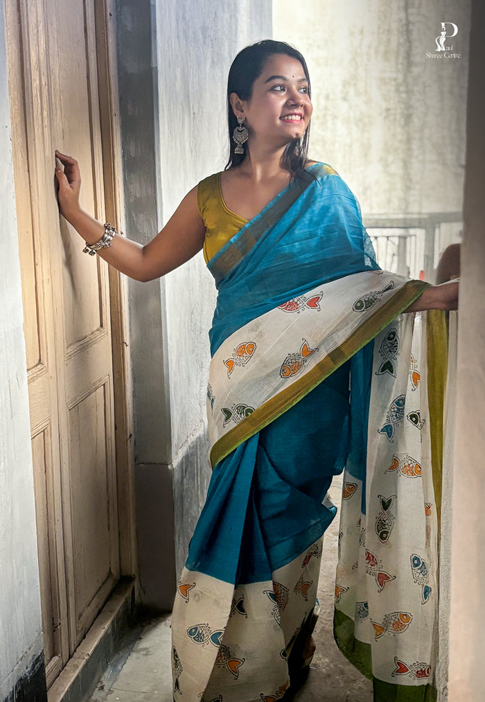 White & Blue "Rooprekha" Hand Painted Saree